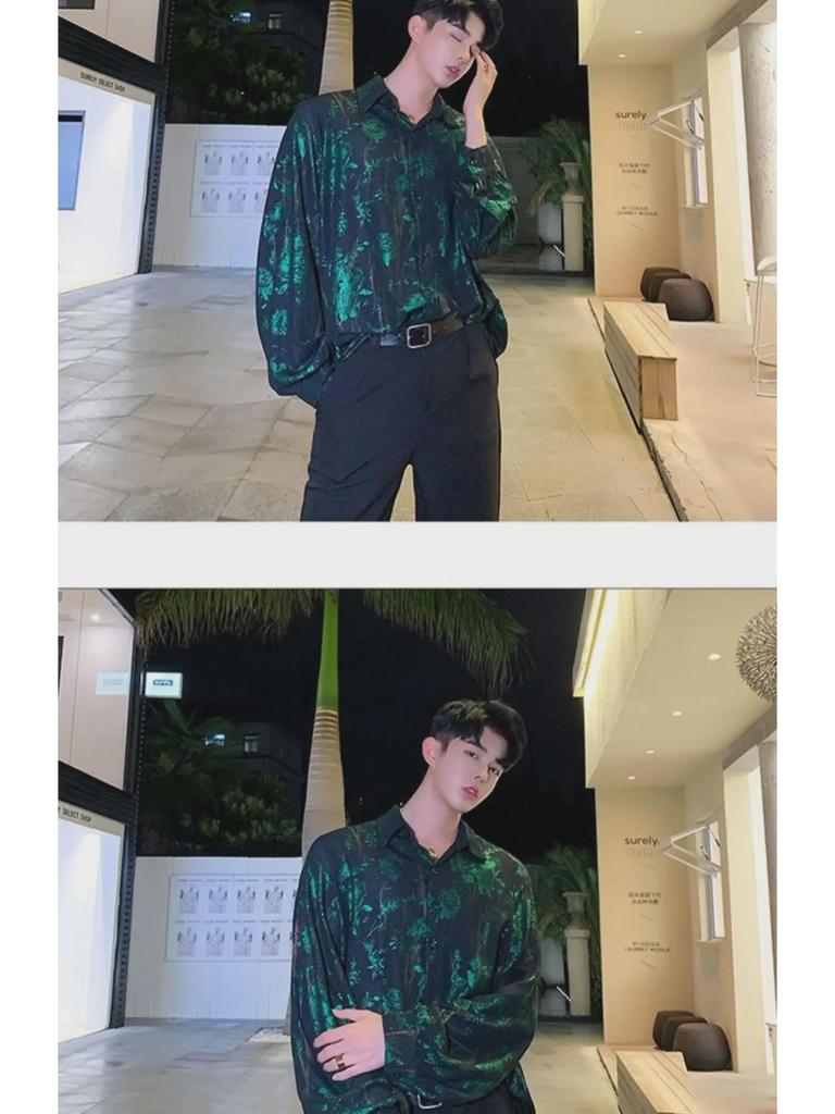 Pánská retro lesklá westernová košile s potiskem růží - Volná, trendy top kadeřníka ve stylu celebrit