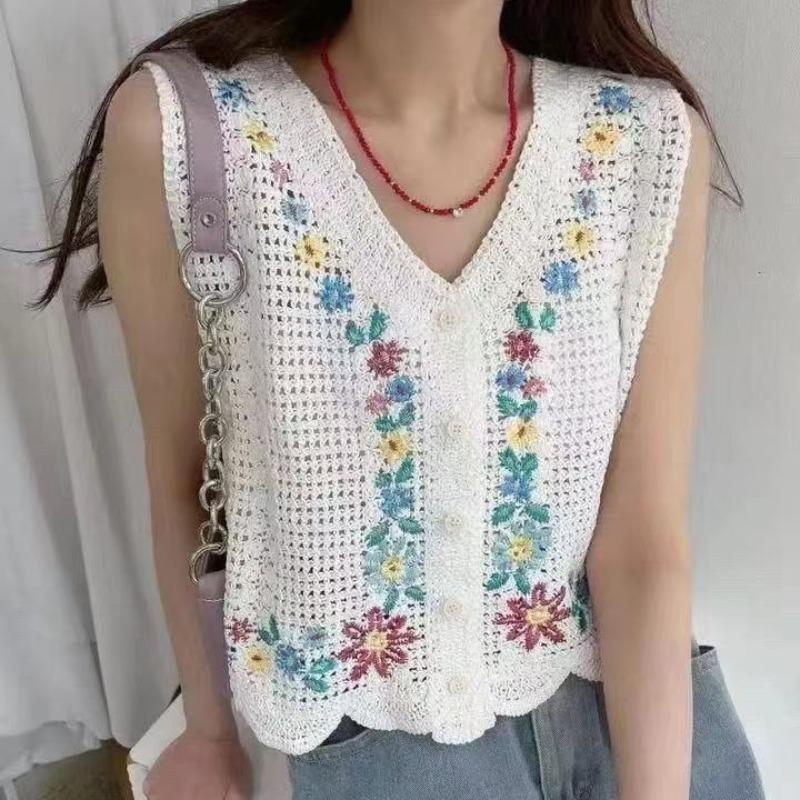 Floral Embroidery Women's Vest Hollow Crochet Sleeveless Ladies Knitted Sweater Stacking Woman Autumn Trendy Casual Tops
