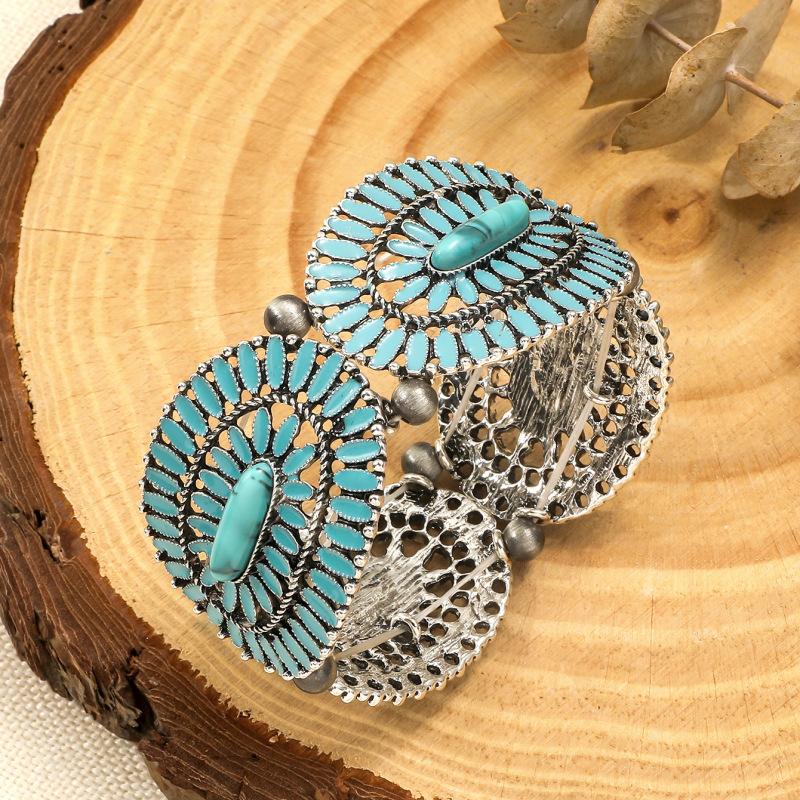 Přeshraniční Personalizovaný Módní Retro Geometrický Vyřezávaný Boho Etnický Styl Tyrkysový Elastický Náramek Pro Ženy