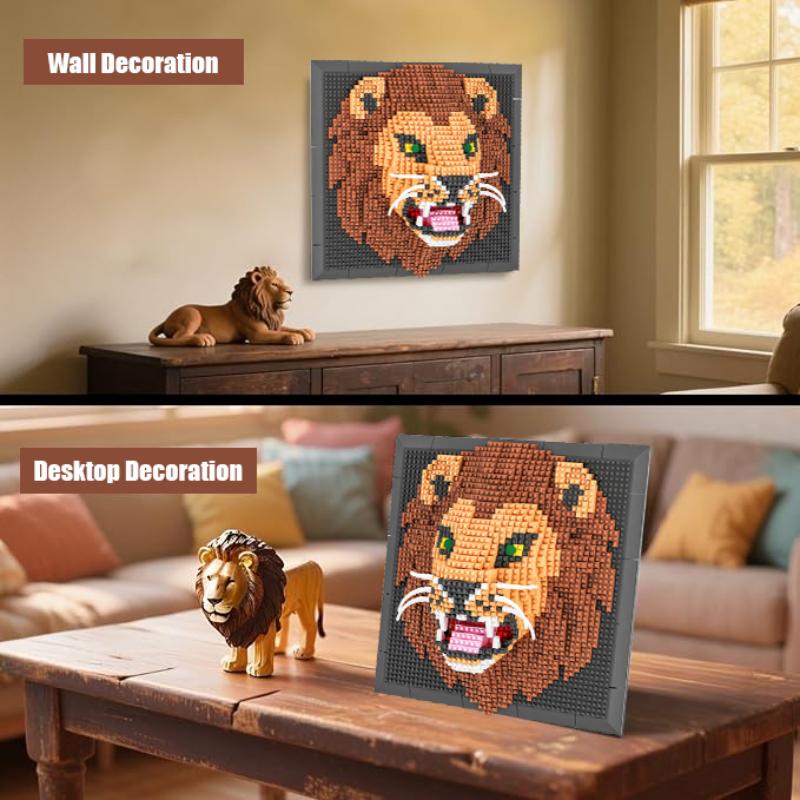 3D Animal Lion Building Blocks Mural Wall Stercopic Painting Model Assemble Bricks Home Decor Toys Gift For Adult