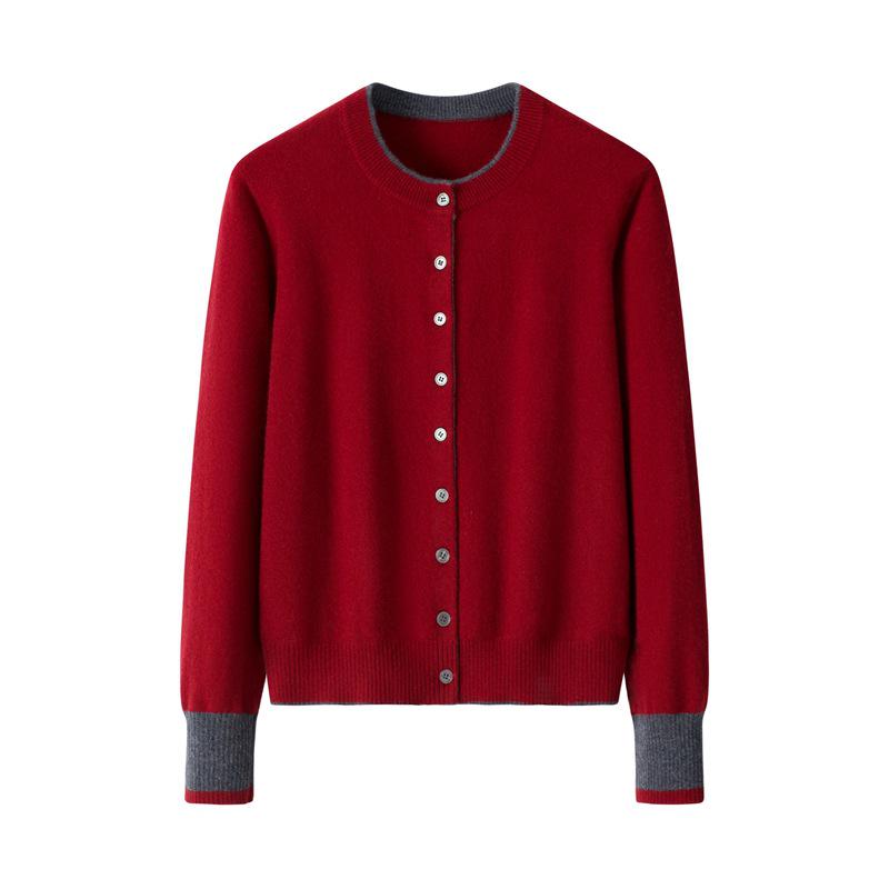 Women's Pure Cashmere Color Block Knit Cardigan - Button-Up, Round Neck, Versatile for Autumn and Winter.