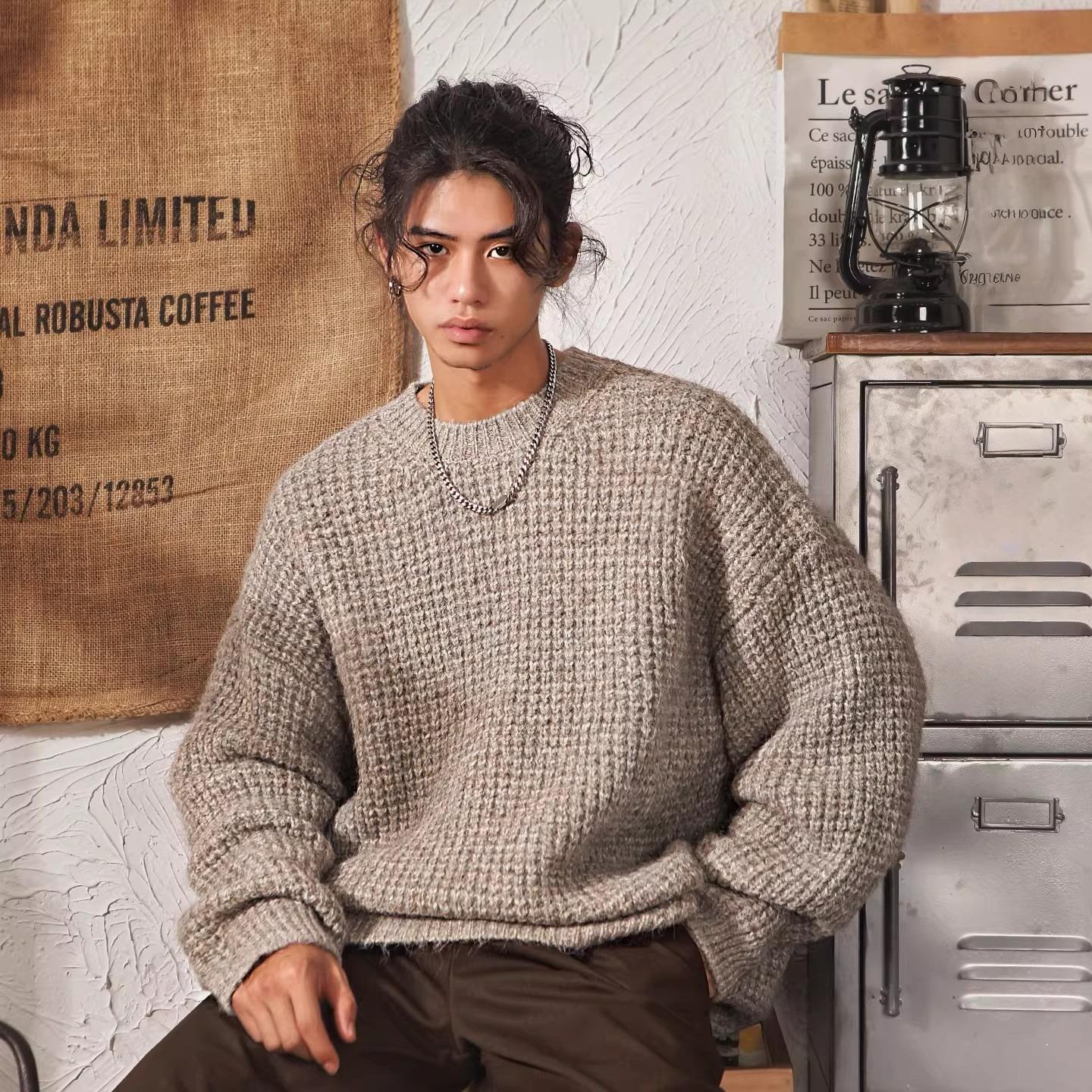 

Men s Japanese Retro Pineapple Knit Round Neck Sweater - Autumn Lazy Style Large хакі