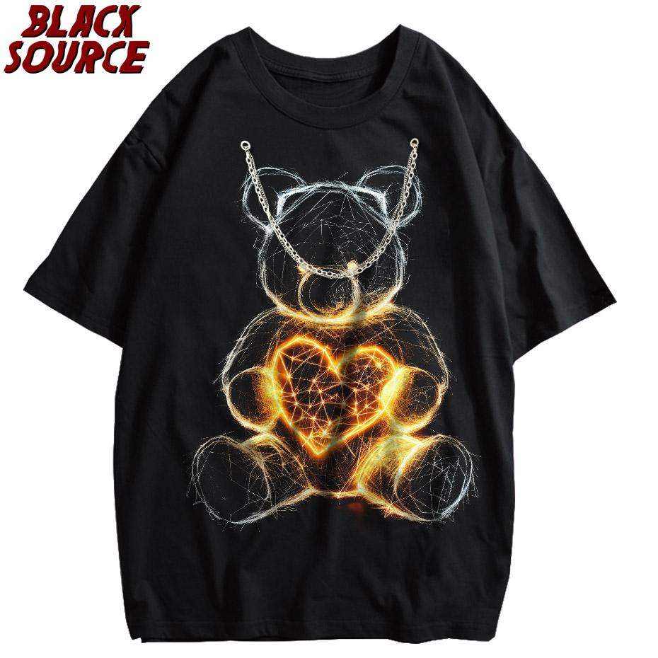 

Vintage Oversized TShirt Men Teddy Bear Graphic Print Black Washed Streetwear Tshirt Hip Hop Harajuku Punk Gothic Tops Tee C S