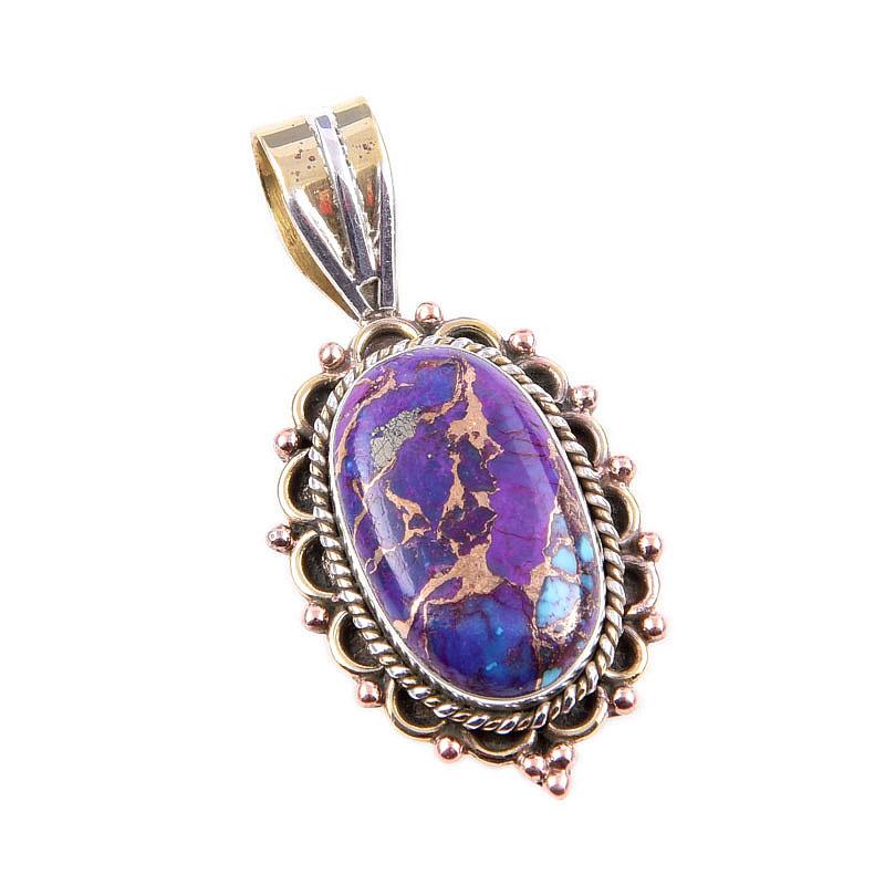 Natural Purple Copper Turquoise 925 Solid Silver Gift TwoTone Pendant 1.5" D3V24