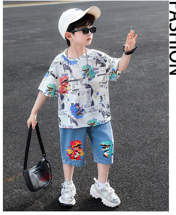 Boys' Summer Set 2026 New Style Rascal Trendy Children's Dinosaur Short sleeved T-shirt Men's Treasure Summer Half sleeved Clothes