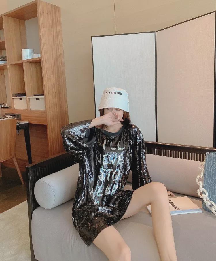 European Fashion Plus Size Women's Sequin T-Shirt Dress - Early Spring Shiny Trend