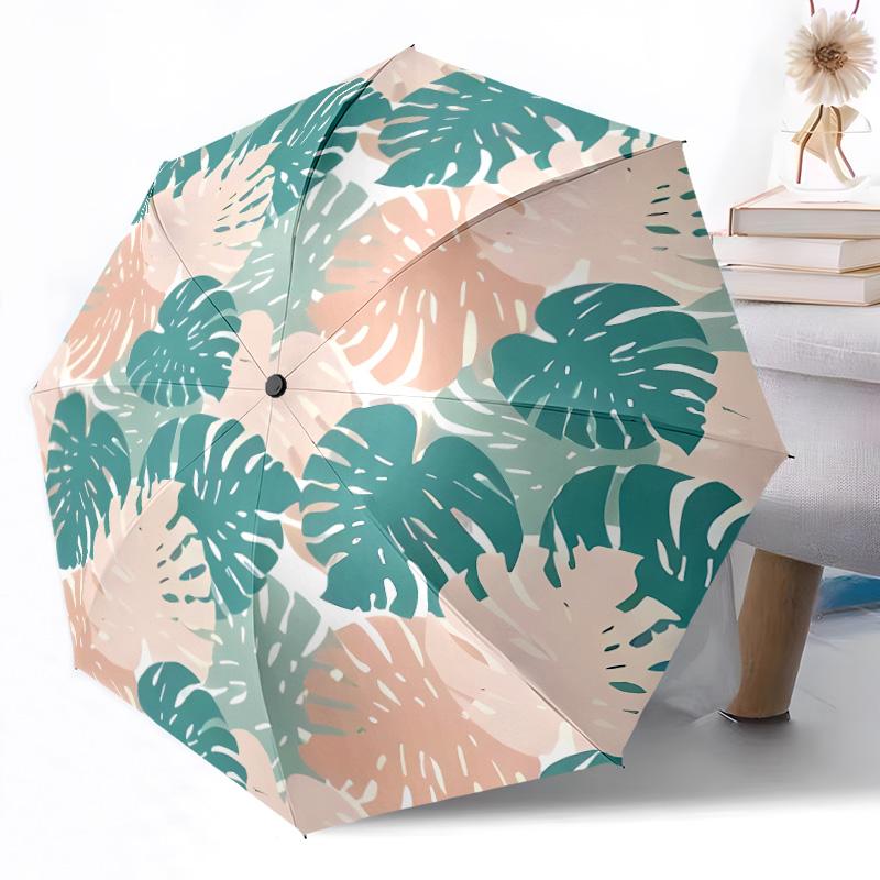 Tropical Leaf Pattern Compact Travel Automatic Umbrella Compact & Durable 8-Rib Design Foldable Design for Outdoor Daily Use Elegant Umbrella