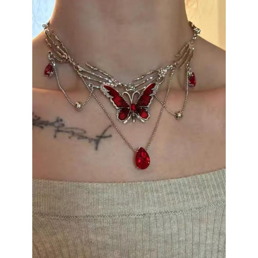 Sweet Cool Red Drip Glaze Butterfly Tassel Multi-Layered Collarbone Chain Necklace Spice Girls Devil's Claw Exaggerated Necklace Women
