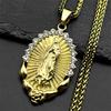 Catholic Virgin Mary Rhinestones Pendant Necklace for Women Men Stainless Steel Gold Color Our Lady of Guadalupe Chain Jewelry