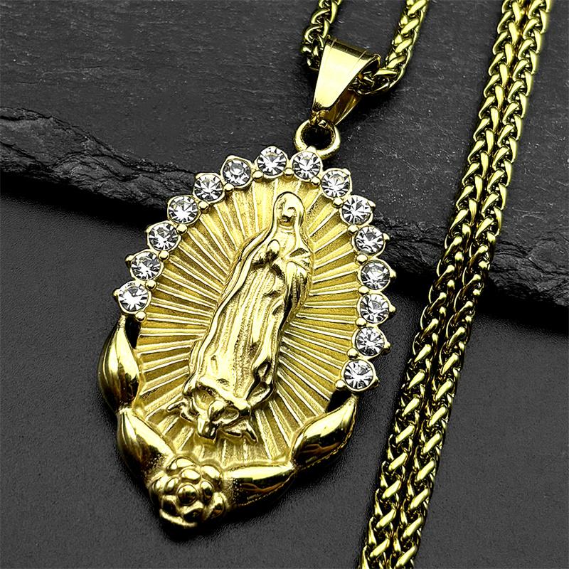 Catholic Virgin Mary Rhinestones Pendant Necklace for Women Men Stainless Steel Gold Color Our Lady of Guadalupe Chain Jewelry