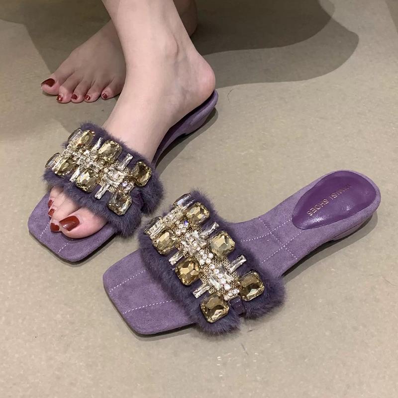 Crystal Women Slippers Flats Fur Designer Shoes Autumn Elegant Dress Woman Shoes 2025 New Luxury Zapatillas De Mujer