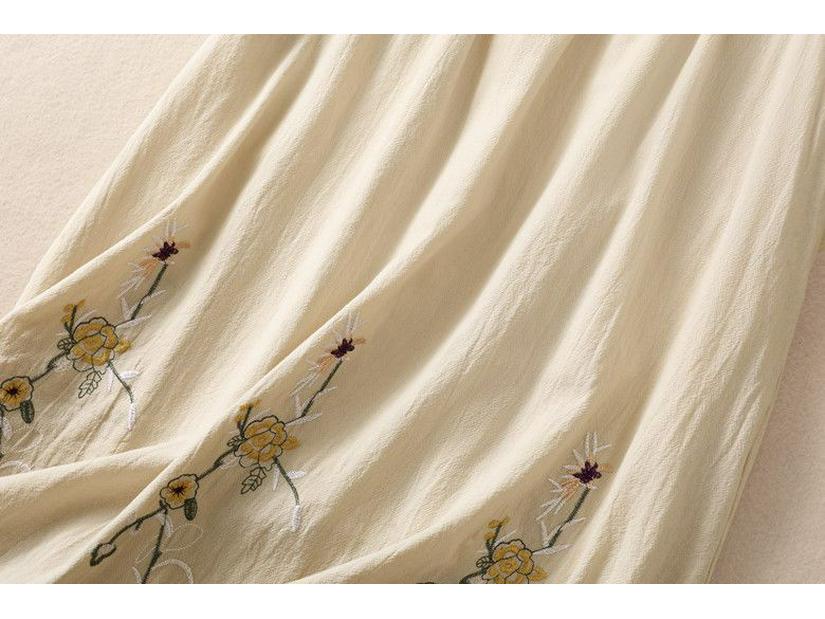Embroidered Cotton Linen A-line Skirt - High Waist, Wide Hem, Casual Fit