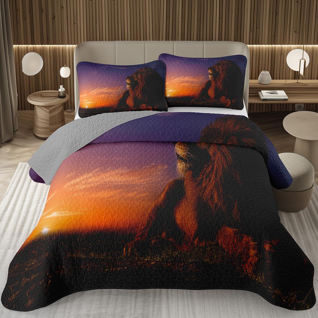 Lion Bedspread Twin King Safari Wild Aninal Coverlet Western Farmstyle Quilt Set Soft Luxury Reversible Grey Quilted Bedding Set