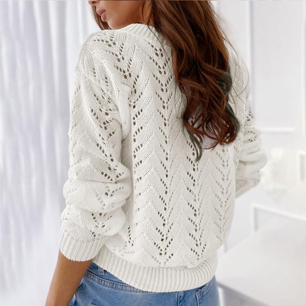 Women's  And Winter Fashion Solid Color Hollow V-Neck Long Sleeve Knit Sweater