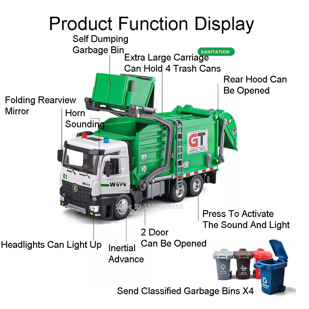 1:24 Electric Trailer Flatbed Truck Sanitation Garbage Car Model Toy Light Music Engineering Vehicle Models Kids Best Presents