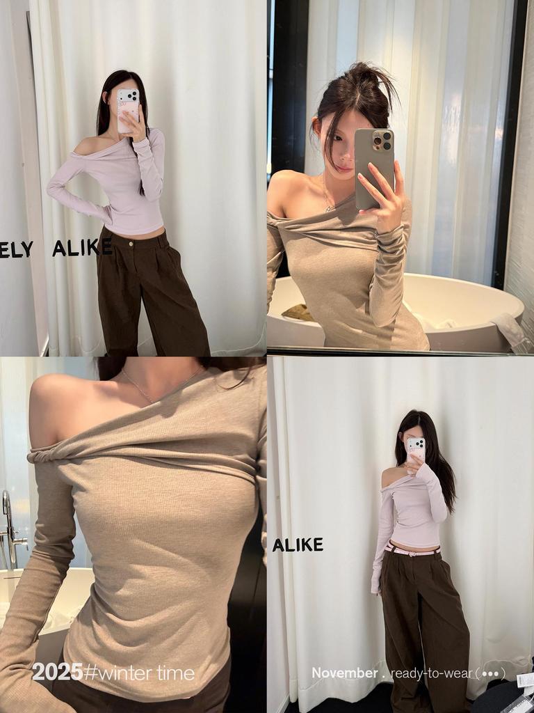 Women's Korean Style Twisted One-Shoulder Slim Fit Long Sleeve Knit Top