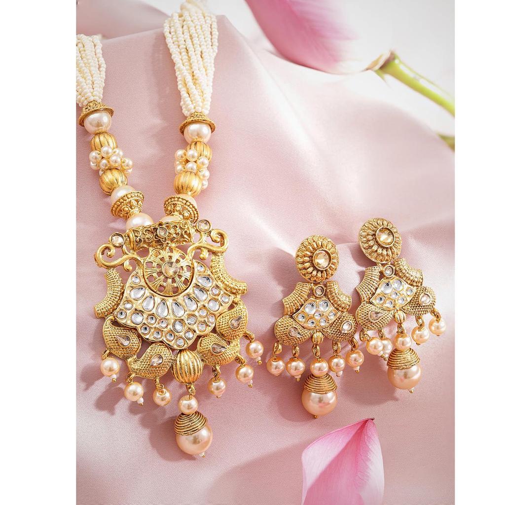 Pearl & White Stone Studded Necklace Jewellery Set For Women