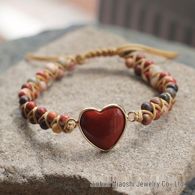 Bohemian Red Heart-Shaped Redwood Stone Double-Layer Woven Women's Bracelet
