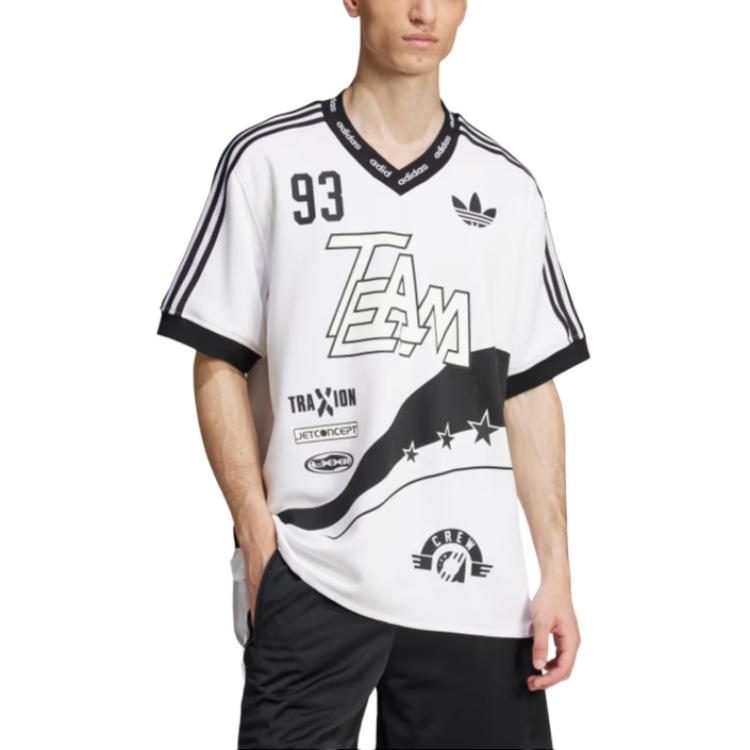 adidas Originals Adilenium 2 Season Team 93 Striped Letter Soft V-Neck Breathable Loose Short Sleeve Jersey Men Jersey White JN0808