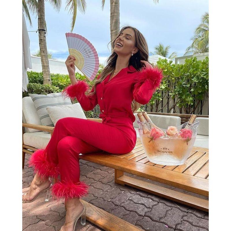 Women's Solid Color Polo Collar Feather Pants Two-Piece Set Top