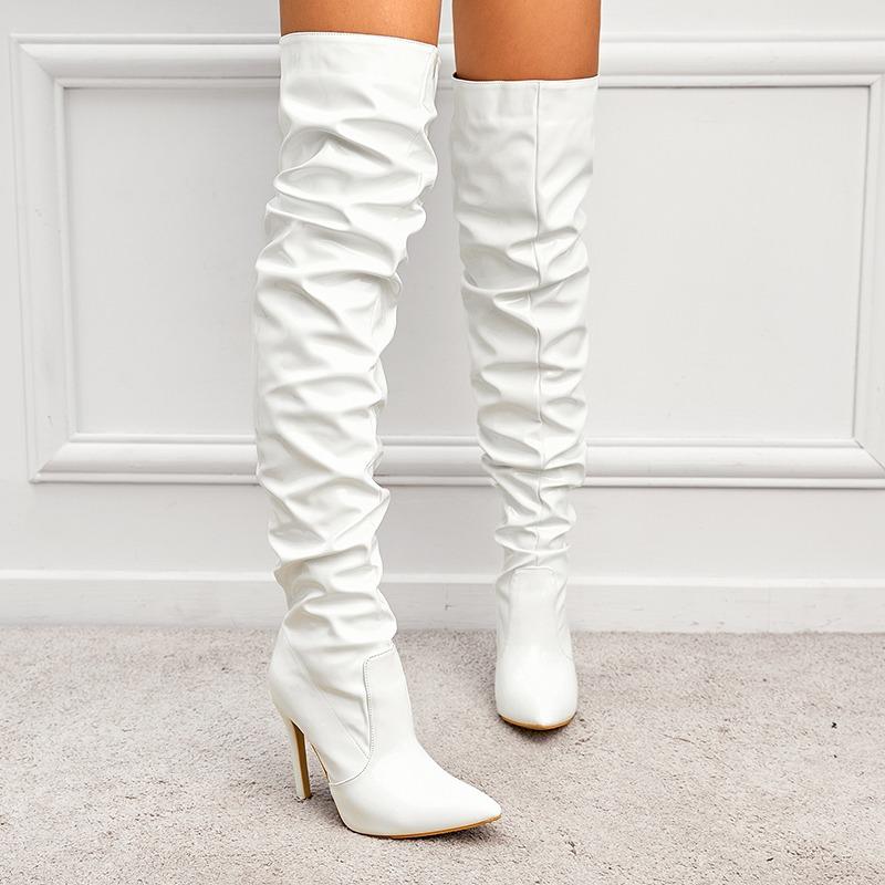 Fashion Red White Boots Winter Sexy High Heels Women Patent Leather Thigh High Boots Pointed Toe Waterproof Long Boots