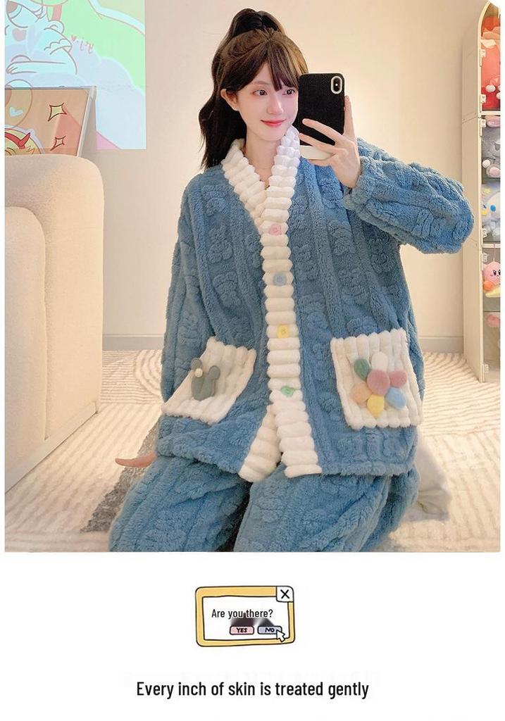 Women’s Winter Coral Fleece Pajama Set - Long Sleeve Flannel Cardigan, Thick Warm Plus Size Home Wear