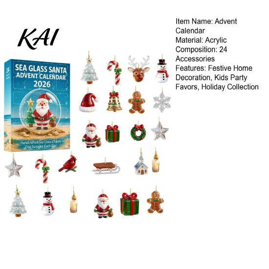 Holiday Ornament Set Sea Glass Christmas Advent Calendar, 24-Day Acrylic 2D Tree Hanging Pendants with Santa Gingerbread Man, Decor, Gift Box