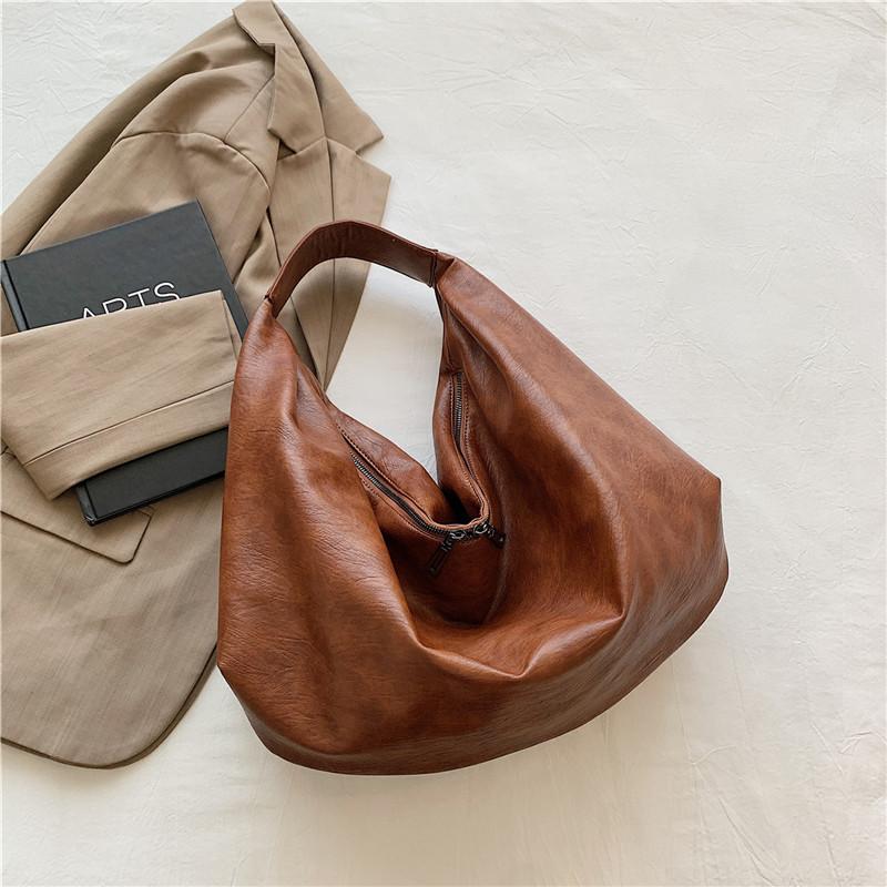 Vintage Shoulder Hobo Bags for Women Soft PU Leather Pure Color Large Capacity Shopping Totes Latest Fashion Handbags