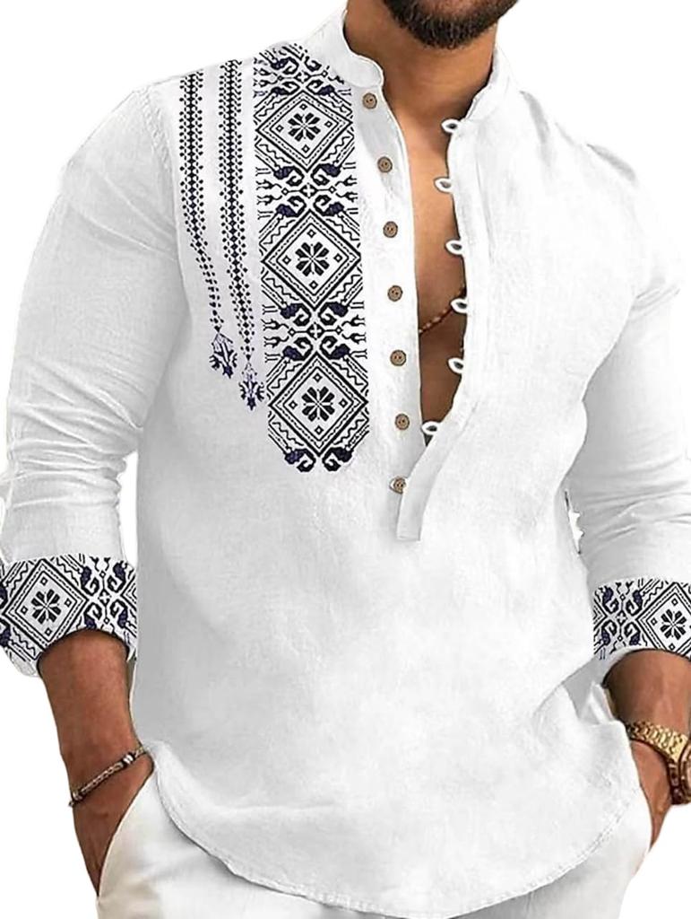 DEELMO Men's Cotton Blend Mandarin Collar Regular Fit Full Sleeve Casual Short Kurta, White, L
