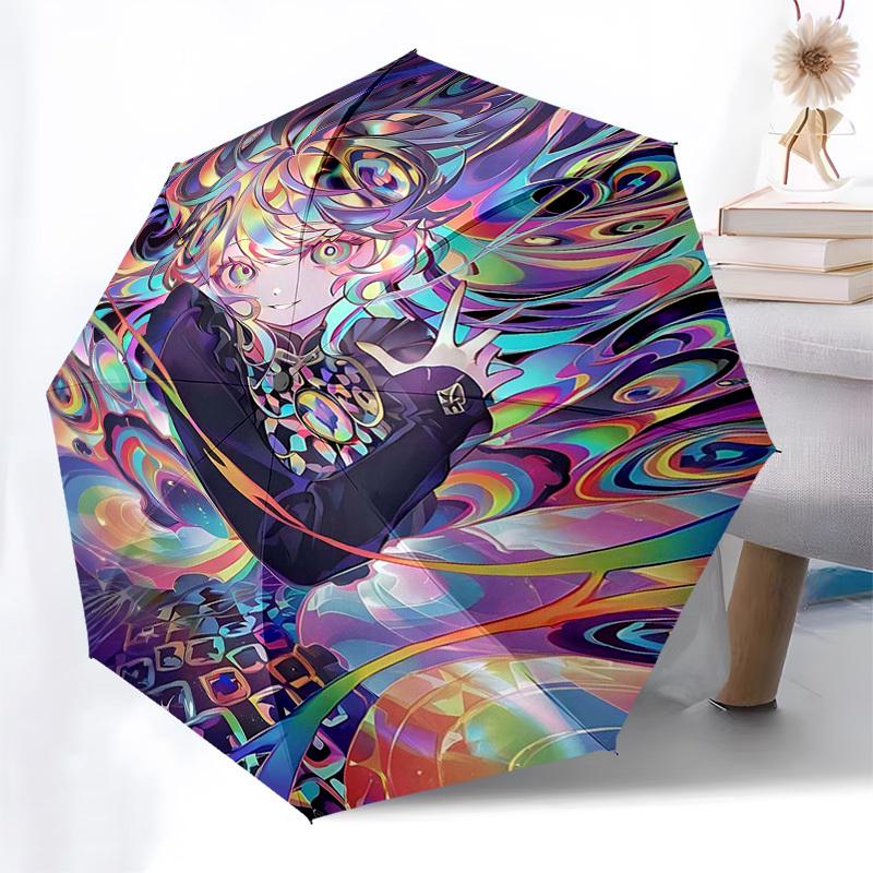 1pc Psychedelic Swirls & Anime Character Outdoor Umbrella - Automatic Opening/Closing, Portable 3-Fold Design, 8-Rib Iron Frame - Perfect Gift fo