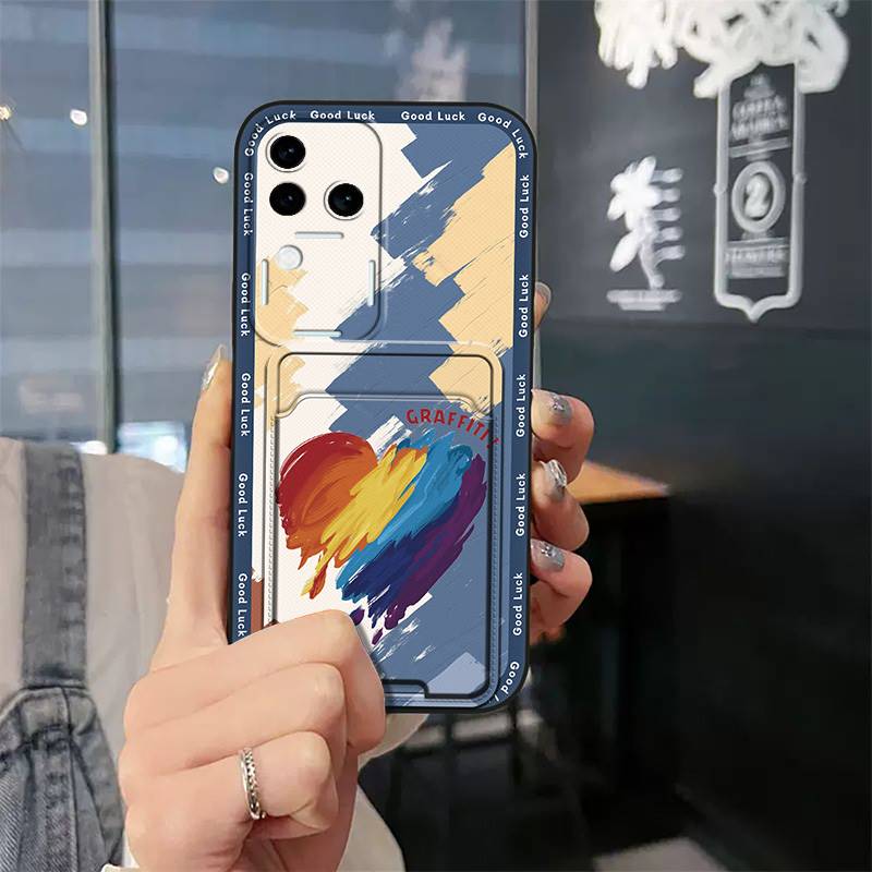 Card Slot Dirt-resistant Phone Case For VIVO S18 Pro/V30 Pro TPU Protective Cartoon Card Sleeve Graffiti Cute Soft Case