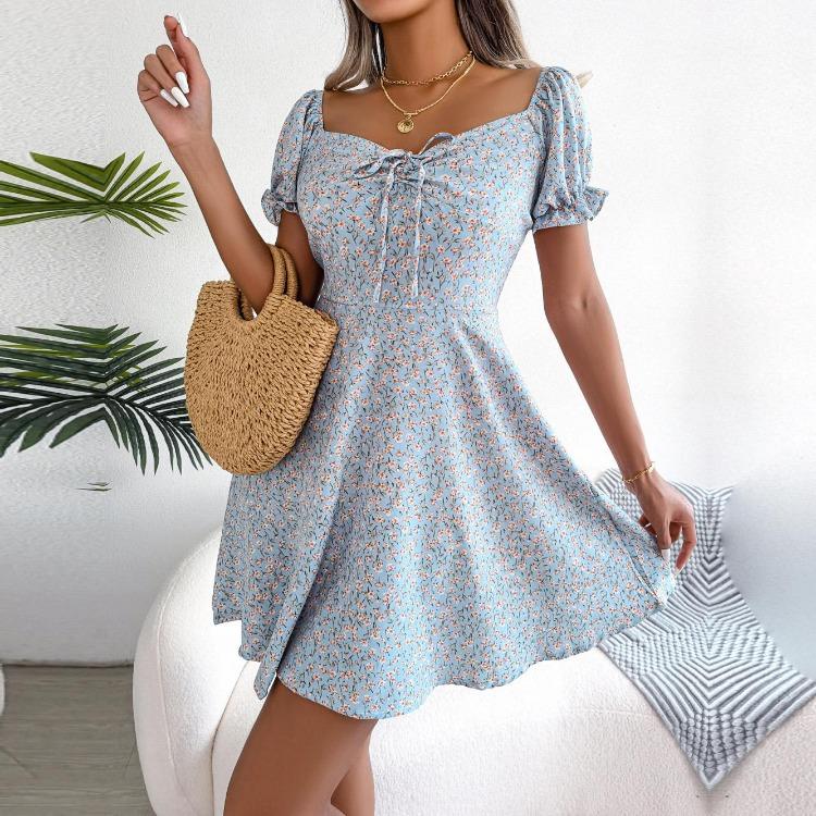 Floral Swing Dress for Women Summer Spring Casual Sizes S Flared Sleeve Drawstring Lace Up XXL
