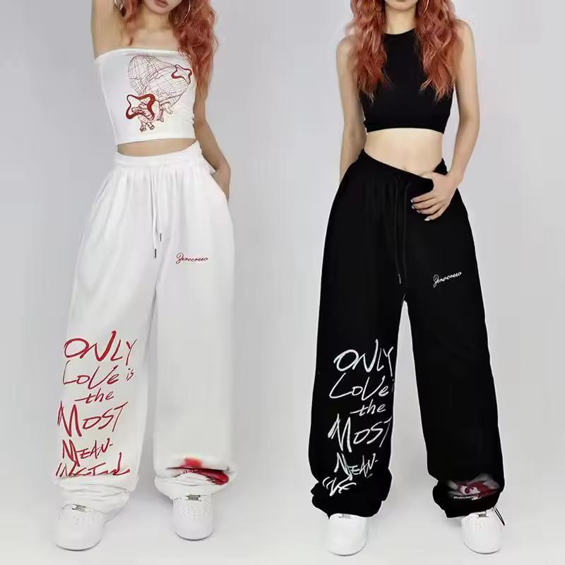 Drawstring Design Sweatpants Women High Street Hip-hop Wide Leg Pants Women Summer All-match Long Trousers