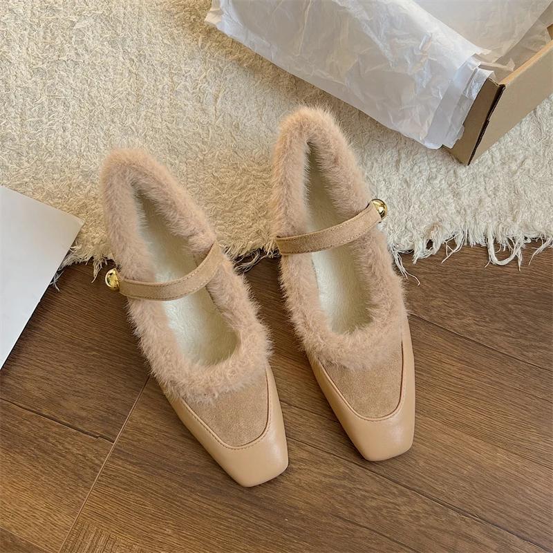 Fashion Square Toe Shallow Fur Loafers Women Boots Winter New Suede Retro Elegant Shoes Women 2025 Trend Party Cozy Fashion Boots Mujer