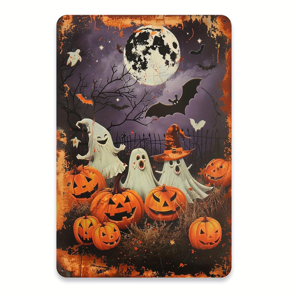 Vintage Halloween Metal Tin Sign Durable Iron Wall Decor with Ghosts Pumpkins Bats Moon Artwork Reusable FadeResist