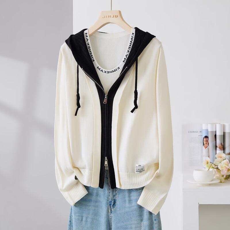 Women s Wool Blend Hooded Fake Two-Piece Knit Jacket M