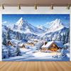 1 piece of rural winter wonderland background cloth - Christmas town and snow-capped mountain pine forest scene, polyester