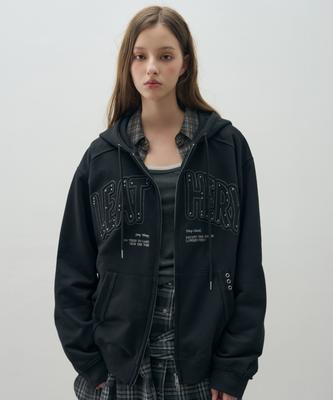 Leathery Double Line Stud Applique Hoodie [Black]