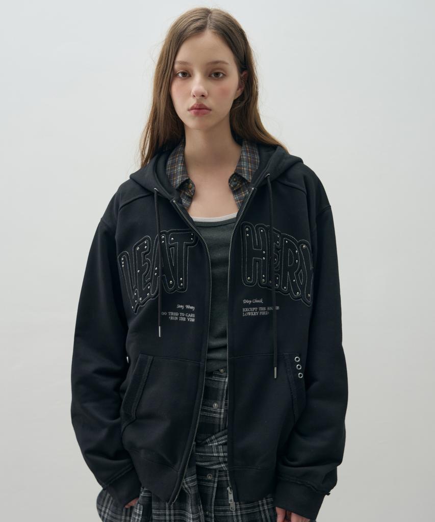 Leathery Double Line Stud Applique Hoodie [Melange]