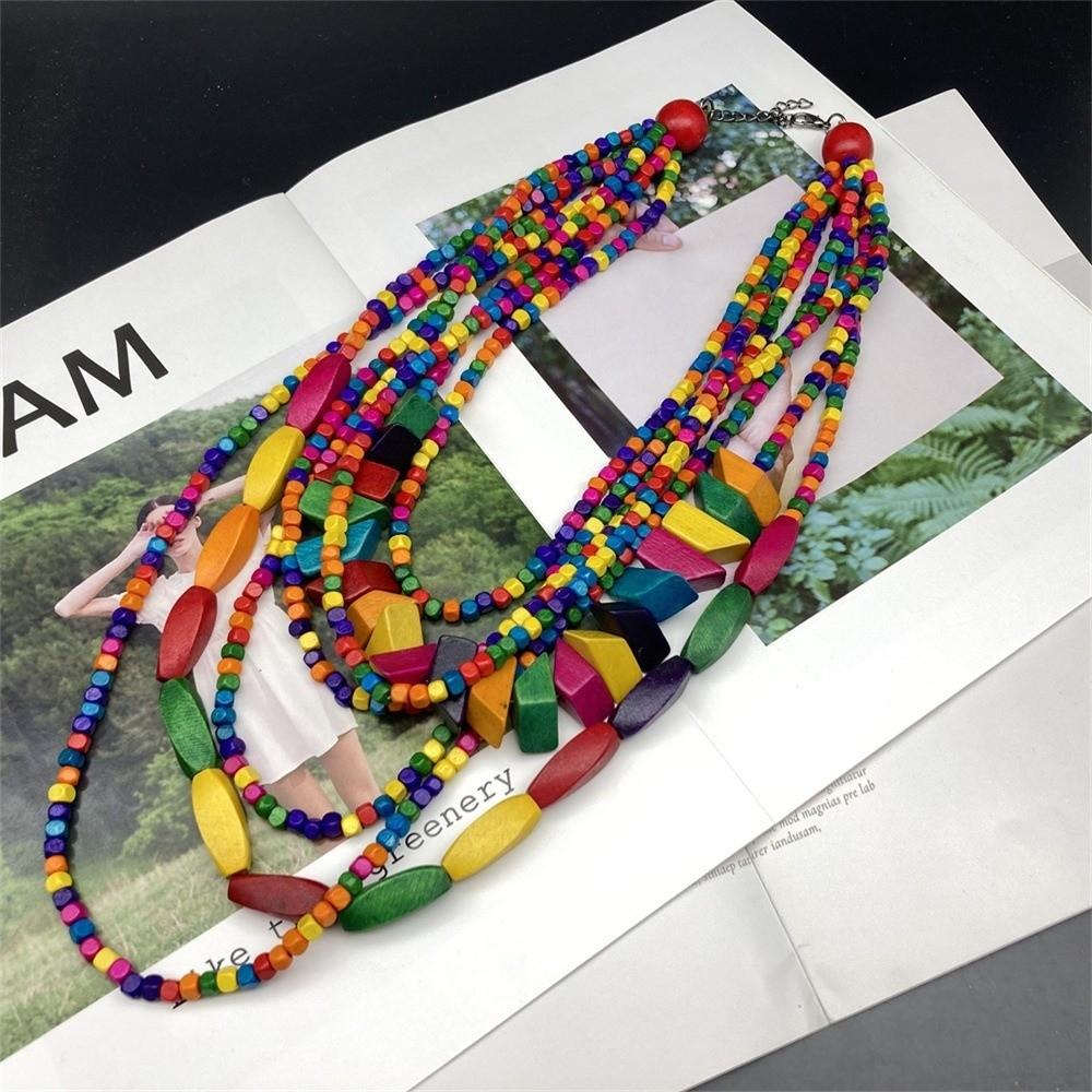 Colorful Irregular Wooden Beaded Necklace Handmade Choker Necklace Statement Necklace for Women
