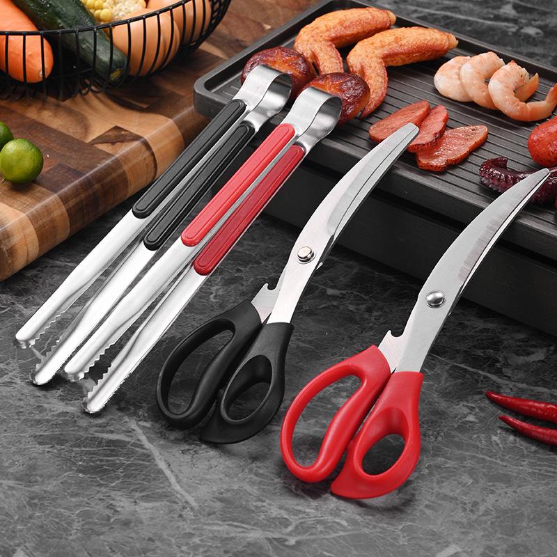 Stainless Steel Korean-Style BBQ Scissor Tongs Set - Ideal for Grilling, Steak, and Kitchen Use