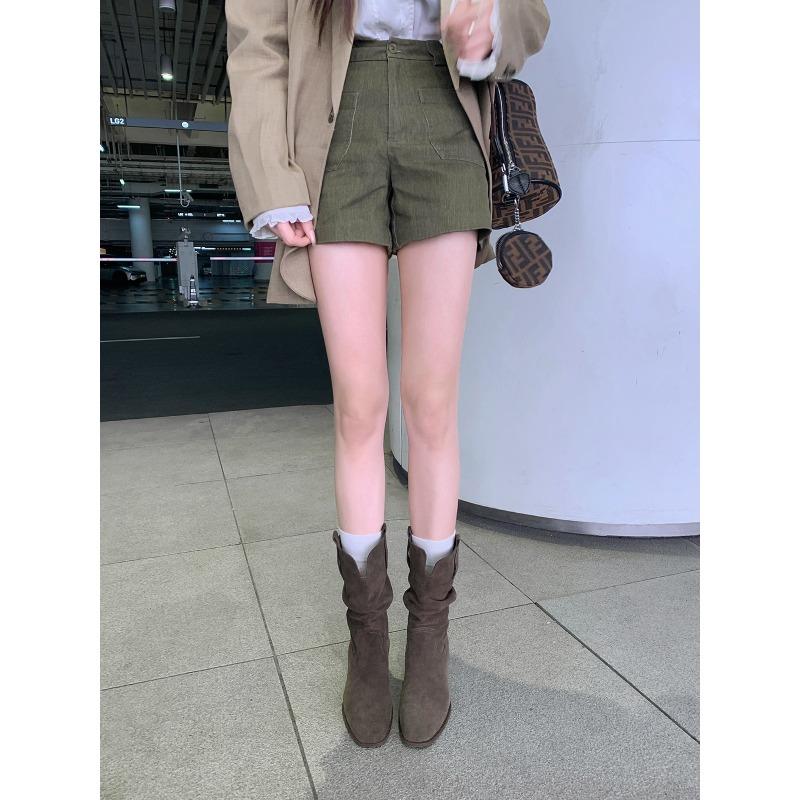 Cowhide Height Increase 8cm Round Head V Mouth Thick Heel Thin Pile Short Boots Female Western Cowboy Boots