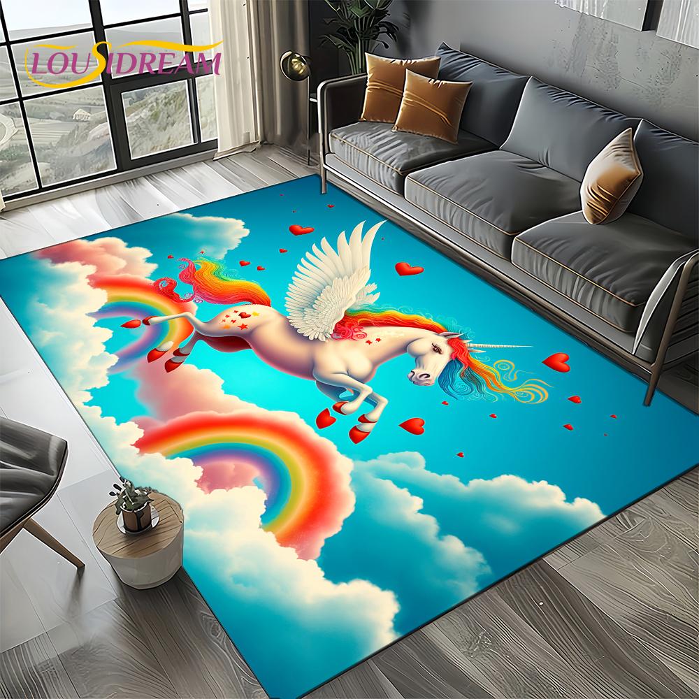 Unicorn Cartoon Cute 3D Dream Girl Carpet Rug for Living Room Bedroom Home Sofa Decoration,Kid Area Rug Non-slip Floor Mat Gift
