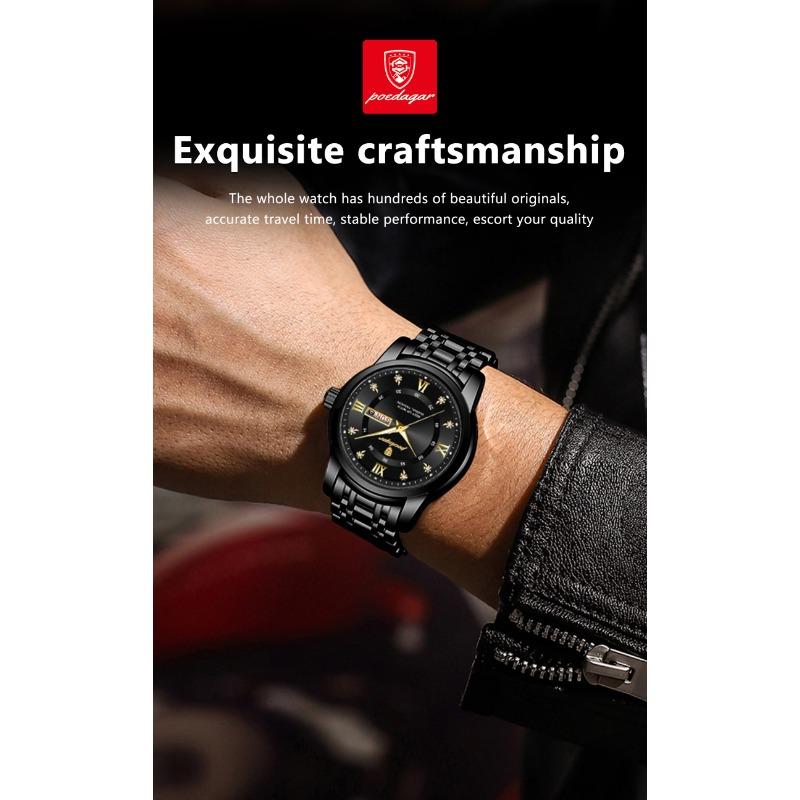 POEDAGAR Sport Casual Man Wristwatch Waterproof Stainless Steel Luminous Original Watch Date Week Quartz Watches Reloj