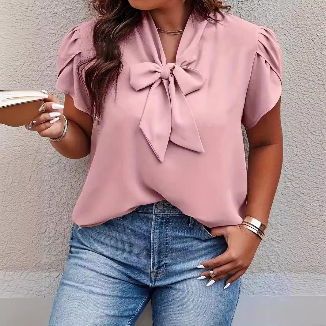 

Женская рубашка больших размеров, летняя элегантная однотонная футболка с короткими рукавами и галстуком 4XL розовый