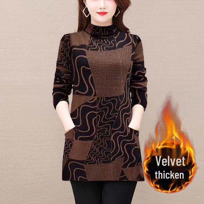 

Stylish Fluffy Winter Mom Top: Trendy Half-High Collar Printed Design 4XL