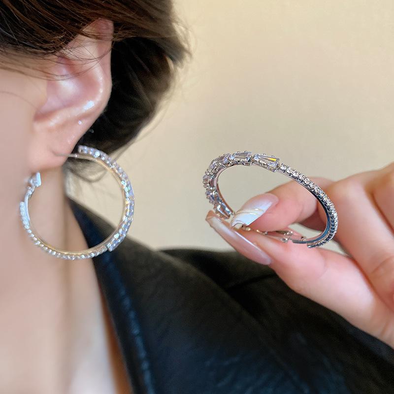 S925 Silver Needle Light Luxury Zircon Circle Earrings Annual Large Earrings Cold Wind Exaggerated Earrings