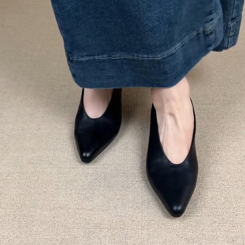 New Black High Heel Dress Shoes for Woman Spring Pointed End Shallow Vintage Office Work Shoes Pumps Zapatos