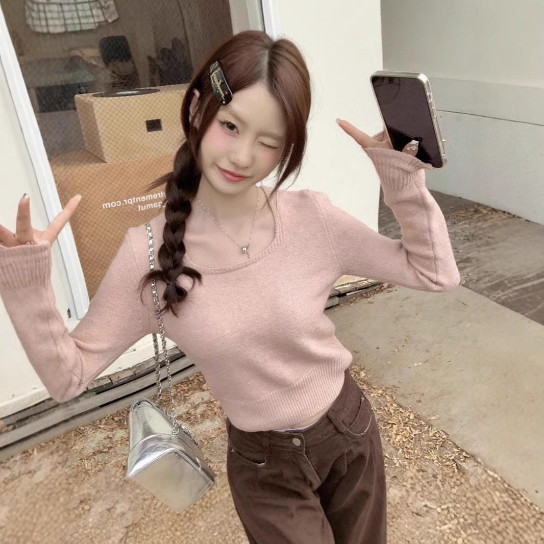 

Женский вязаный свитер однотонного цвета с квадратным вырезом - Приталенный пуловер с длинным рукавом One Size розовый