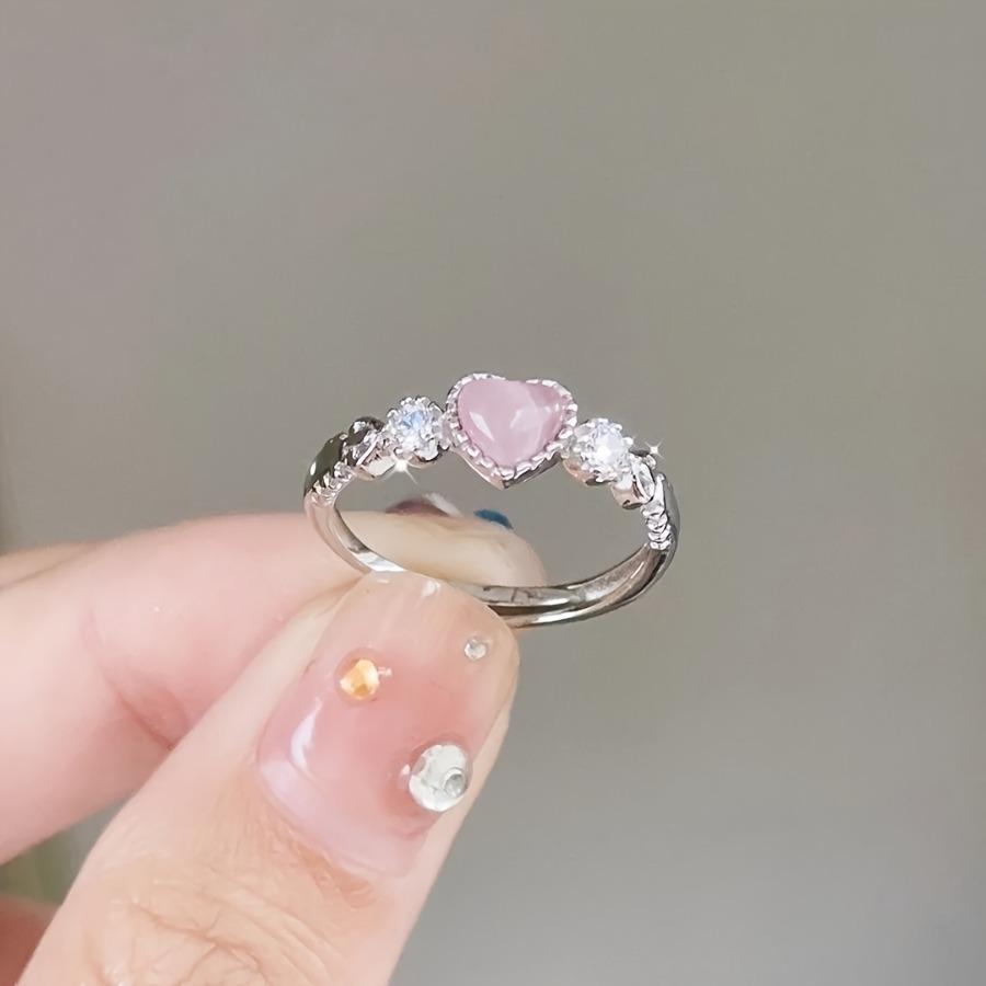A Pink Heart Synthetic Zirconia Open Ring | Elegant and Lightly Luxurious, Cute and Hypoallergenic, High Quality, Women'S Party Jewelry